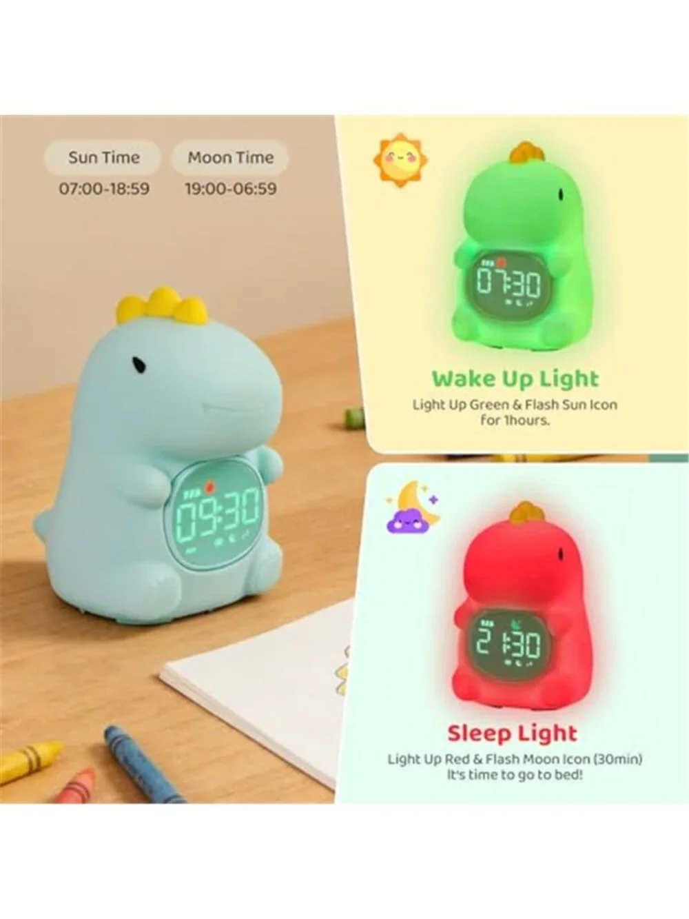Kids Dinosaur Alarm Clock Silicone Night Light Sleep Training Digital Snooze LED